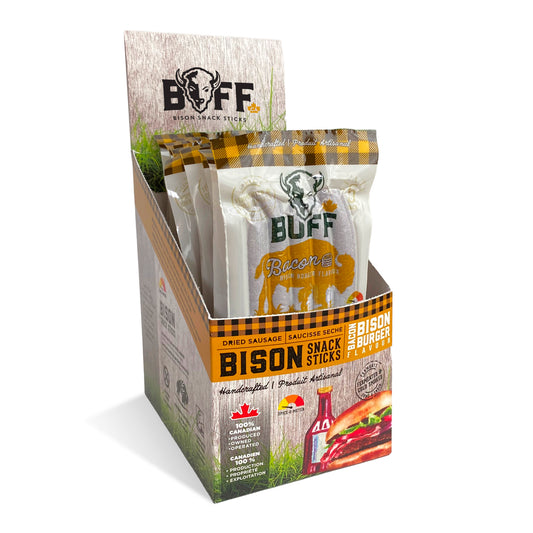 **NEW** Bison Bacon Burger - 5 Pack - $9.99 each when you buy a box! - Healthy Bison Meat Snack Sticks - BUFF